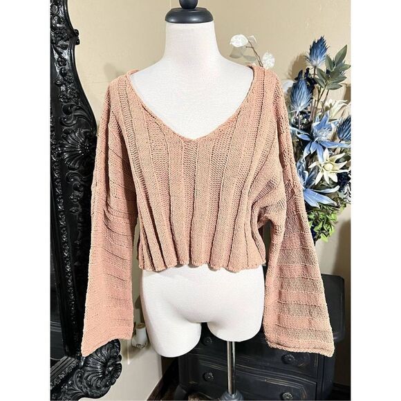Lumiere Sweaters - Lumiere Tan Trumpet Sleeve Cropped Sweater Size Small